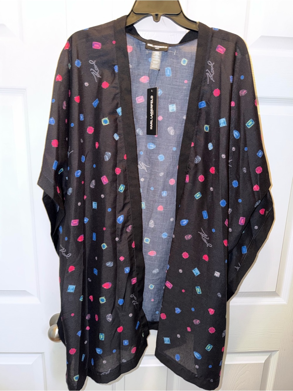 Karl Lagerfeld Black Lightweight Cardigan with Pink and Blue Gem Print